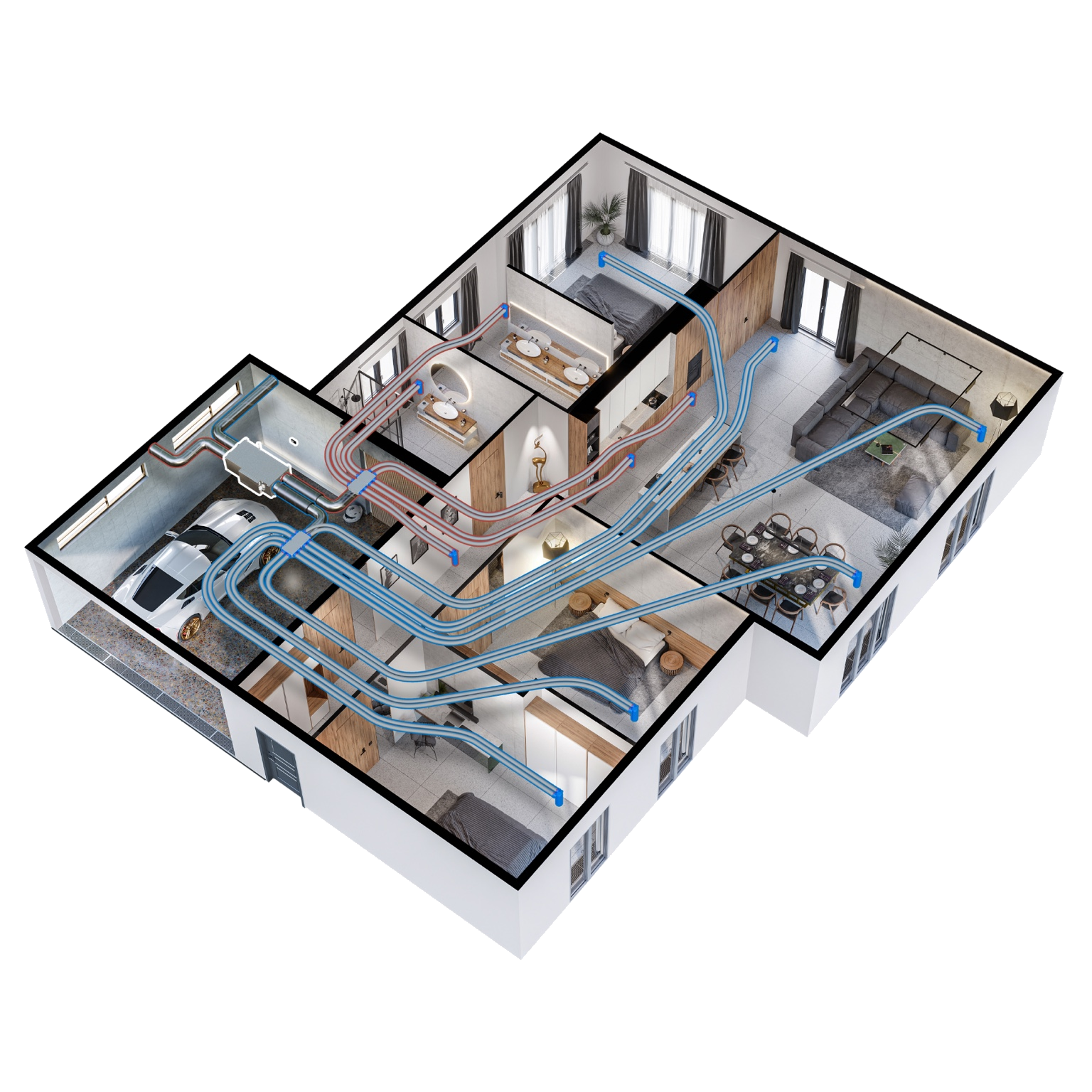 Render domu z instalacją wentylacji HG hava